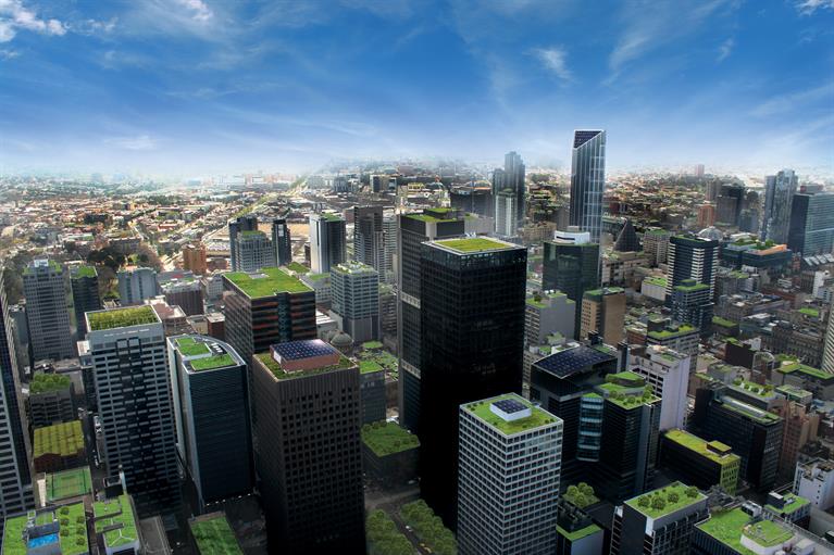 A computer generated image of city buildings with green roofs